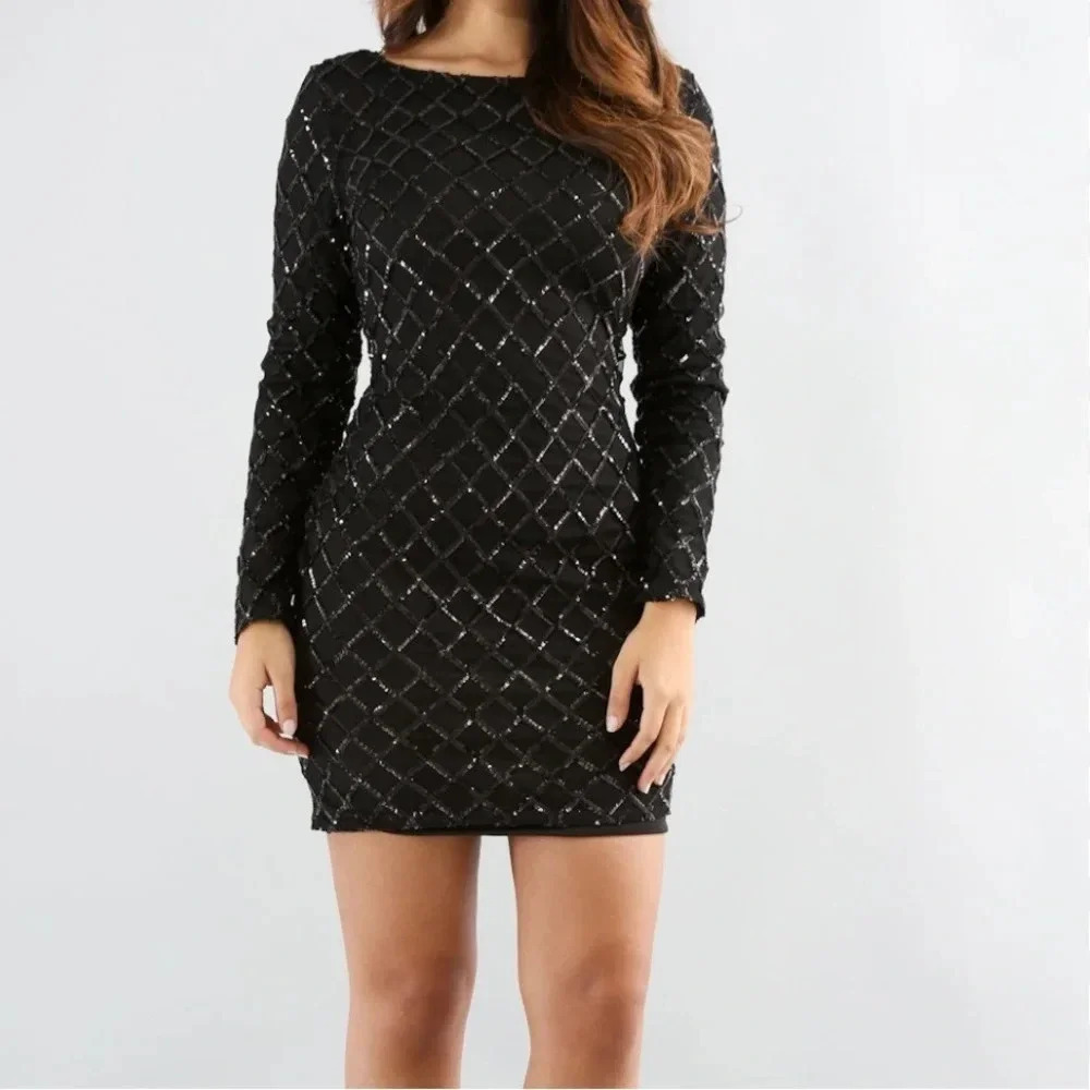 Fashion Nova Know What I Want Dress Black Sequin Size L Stretch Mesh Lined NWT